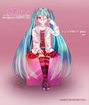  aqua_hair glasses hatsune_miku headphones headset kocchi_muite_baby_(vocaloid) long_hair natural_(module) one_eye_closed pink_eyes project_diva_(series) project_diva_2nd skirt smile solo striped tennis thighhighs twintails very_long_hair vocaloid yunare zettai_ryouiki 