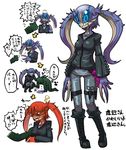  angry blue_eyes blue_hair boots borrowed_character breast_grab breasts claws crab crab_girl denim fume grabbing jeans matsuda_yuusuke medium_breasts monster_girl multicolored_hair original pants purple_skin red_skin sweatshirt translation_request twintails watanabe_(tagane) 