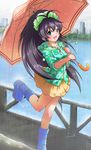  antenna_hair black_hair blue_eyes boots building earrings ganaha_hibiki highres idolmaster idolmaster_(classic) jewelry long_hair necklace pobii ponytail rain solo umbrella wet 