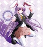  animal_ears blazer bunny_ears commentary_request highres jacket long_hair necktie purple_hair red_eyes reisen_udongein_inaba side_b solo thighhighs touhou white_legwear yellow_neckwear zettai_ryouiki 