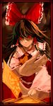  as109 bow brown_hair commentary_request detached_sleeves foreshortening hair_bow hakurei_reimu hands ofuda red_eyes short_hair smile solo touhou 