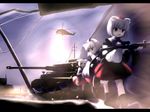  aircraft animal_ears brown_eyes caterpillar_tracks ground_vehicle gun helicopter inubashiri_momiji military military_vehicle motor_vehicle multiple_girls power_lines tank tiger_i touhou tsubasa_(abchipika) weapon white_hair wolf_ears 