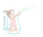  1girl armpits brown_eyes brown_hair casual_one-piece_swimsuit child flat_chest hose kneeling one-piece_swimsuit original pink_swimsuit rainbow short_hair side_ponytail solo suzu_kasutera swimsuit water 