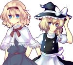  :/ alice_margatroid blonde_hair blue_eyes braid capelet hairband hand_on_headwear hat kirisame_marisa looking_at_viewer multiple_girls short_hair smile touhou uranaishi_(miraura) wavy_hair witch_hat 