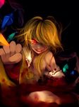  blonde_hair blood clenched_hand evil flandre_scarlet glowing glowing_eyes hair_censor hair_over_one_eye no_hat no_headwear off_shoulder open_clothes open_mouth red_eyes serizawa_mutsuki short_hair smile solo touhou wings 