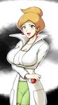  araragi_(pokemon) blonde_hair breast_hold breasts cleavage earrings gouguru green_eyes holding holding_poke_ball huge_breasts jewelry labcoat open_mouth pencil_skirt poke_ball pokemon pokemon_(game) pokemon_bw short_hair shorts skirt smile solo 