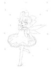  ;d bad_id bad_pixiv_id barefoot bow cirno greyscale hair_bow highres kiriu monochrome one_eye_closed open_mouth outstretched_arm smile solo sparkle standing standing_on_one_leg touhou wings 