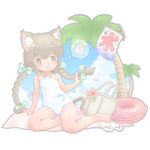  animal_ears bad_id bad_pixiv_id bag barefoot braid brown_eyes brown_hair casual_one-piece_swimsuit cat_ears cat_tail child innertube long_hair one-piece_swimsuit original palm_tree sandals solo suzu_kasutera swimsuit tail tree twin_braids 