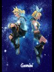  1girl blonde_hair blue_eyes bow brother_and_sister closed_eyes detached_sleeves hair_bow headset iwaya kagamine_len kagamine_rin midriff necktie open_mouth shorts siblings star twins vocaloid 