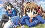  cherry_blossoms koimomo long_hair multiple_girls sakimine_momoka school_uniform skirt thighhighs tokisaka_hazuki 
