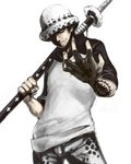  bad_id bad_pixiv_id earrings hat highres jewelry male_focus one_piece simple_background smile solo sugino sword tattoo trafalgar_law weapon 