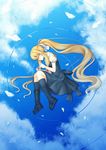  air aka_(shoumae) bad_id bad_pixiv_id blonde_hair boots day feathers fetal_position full_body kamio_misuzu long_hair lying on_side ponytail reflection ripples sky solo very_long_hair water 