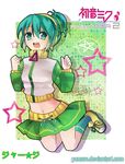  :d alternate_hairstyle aqua_eyes aqua_hair hatsune_miku headphones jacket jersey_(module) jumping midriff navel open_mouth project_diva_(series) project_diva_2nd signature skirt smile solo star tennis track_jacket vocaloid yunare 