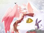  bird breast_press breasts cararina cat closed_eyes detached_sleeves fang hazuki_gean hug medium_breasts multicolored_hair open_mouth pink_hair pixiv_fantasia pixiv_fantasia_3 slit_pupils tail white_hair wings yellow_eyes 