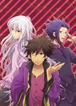  black_hair blue_hair duke_pantarei formal glasses green_eyes long_hair male_focus morino_mizu multiple_boys one_eye_closed ponytail raven_(tales) red_background red_eyes smile suit tales_of_(series) tales_of_vesperia white_hair yeager_(tales) 