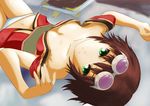  1girl bare_shoulders book breasts brown_hair goggles green_eyes midriff navel panties rita_mordio tales_of_(series) tales_of_vesperia underwear 