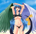  areolae asymmetrical_wings beach bikini blue_hair blush breasts day dizzy guilty_gear hair_ribbon large_breasts long_hair ocean open_mouth outdoors red_eyes ribbon smile solo swimsuit tail tail_ribbon twintails underboob water wings wiz_(shadow) 