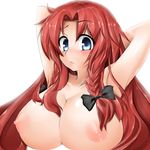  armpits arms_up blue_eyes blush braid breasts highres hong_meiling huge_breasts long_hair nipples red_hair solo surikogi topless touhou twin_braids 