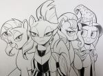  2019 andy_price armor broken_horn cape clothing equestria_girls equid eye_scar friendship_is_magic group hat headgear headwear hi_res horn looking_at_viewer mammal monochrome my_little_pony scar smile starlight_glimmer_(mlp) sunset_shimmer_(eg) tempest_shadow_(mlp) trixie_(mlp) unicorn wizard_hat 
