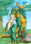  2004 balls dragon forked_tongue foxxfire looking_at_viewer male nude penis scales scalie size_difference smile tongue tongue_out yellow_eyes yellow_scales 
