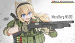  1girl absurdres animal_ears blonde_hair blue_eyes digital_camouflage dirty dirty_face fang girls_frontline gloves gun headset highres holding holding_gun holding_weapon load_bearing_vest long_hair military mossberg_500 mossberg_500_(girls_frontline) shotgun shotgun_shells solo toramaru-913 weapon 