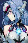  1girl android bare_shoulders blue_hair breasts elbow_gloves expressionless forehead_protector gloves hankuri kos-mos kos-mos_re: leotard long_hair red_eyes solo very_long_hair white_leotard xenoblade_(series) xenoblade_2 xenosaga 