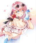  1girl :o bare_shoulders black_choker black_ribbon blue_eyes blue_shorts blush bottle breasts character_request choker cleavage collarbone crop_top eyewear_on_head final_fantasy final_fantasy_xiv flower gradient gradient_background hair_flower hair_ornament hair_ribbon hand_on_hip hand_up heart holding holding_bottle large_breasts long_hair looking_at_viewer midriff nail_polish navel open_mouth pingo pink_hair pink_nails red_flower ribbon shorts solo stomach sunglasses upper_body white-framed_eyewear 