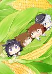  &gt;_&lt; 4girls :&lt; :o =v= akatsuki_(kantai_collection) anchor_symbol blue_eyes brown_hair chibi commentary_request corn fang flat_cap food hair_between_eyes hair_ornament hairclip hat hibiki_(kantai_collection) hinata_yuu ikazuchi_(kantai_collection) inazuma_(kantai_collection) kantai_collection long_hair long_sleeves multiple_girls neckerchief purple_eyes purple_hair school_uniform silver_hair 