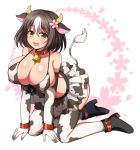  1girl afuro all_fours animal_ears animal_print ankle_boots bikini_top black_hair boots breasts brown_eyes choker cow_ears cow_girl cow_print elbow_gloves flower full_body gloves hair_flower hair_ornament hana_(afuro) huge_breasts looking_at_viewer midriff multicolored_hair open_mouth original skirt smile thighhighs two-tone_hair white_hair 