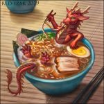  1:1 2019 asian_mythology bathing belly_scales chopsticks detailed_background digital_media_(artwork) dragon east_asian_mythology eastern_dragon eating feral food green_eyes horn mythology noodles partially_submerged ramen red-izak red_scales scales solo spines 