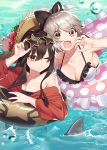  2girls bangs bikini black_bikini black_hair black_ribbon breasts cleavage commentary_request eyebrows_visible_through_hair eyewear_on_head fate_(series) flower frilled_bikini frills hair_ribbon hat hat_flower in_water innertube koha-ace long_hair multiple_girls oda_nobunaga_(fate) okita_souji_(fate) okita_souji_(fate)_(all) omi_(tyx77pb_r2) open_mouth red_eyes ribbon shark_tail short_hair side-tie_bikini sidelocks silver_hair star-shaped_eyewear straw_hat sunglasses surprised swimming swimsuit very_long_hair water_drop white_bikini yellow_eyes 