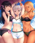  3girls ass bangle bangs bare_shoulders beach_umbrella bikini_shorts black_eyes black_hair blonde_hair blue_sky blunt_bangs blush bracelet breasts brown_eyes brown_hair choker cleavage cloud collarbone commentary_request cowboy_shot dark_skin day earrings eyebrows_visible_through_hair gold grey_hair groin highres hoop_earrings idolmaster idolmaster_shiny_colors izumi_mei jewelry large_breasts licking_lips long_hair looking_at_viewer mayuzumi_fuyuko medium_breasts momo_no_kanzume multiple_earrings multiple_girls navel necklace open_mouth outdoors purple_eyes ring serizawa_asahi shiny shiny_skin shorts sidelocks sky smile stomach strapless strapless_bikini stud_earrings sweat tongue tongue_out twintails two_side_up umbrella wristband 