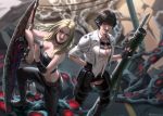  2girls black_hair black_legwear black_nails black_pants blonde_hair breasts chaps choker cleavage cropped_jacket devil_may_cry devil_may_cry_5 fingerless_gloves gloves goggles goggles_around_neck hand_on_hip heterochromia highres kalina_ann_(weapon) lady_(devil_may_cry) long_hair multiple_girls nail_polish open_mouth pants red_nails short_hair short_shorts shorts smile sparda_(sword) strapless sword trish_(devil_may_cry) tubetop weapon whoareuu 