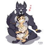  &lt;3 2019 adastra amicus_(adastra) black_fur blush brown_hair canid canine canis clothing cuddling duo eyes_closed fur hair hi_res human interspecies jewelry k3mo_no male male/male mammal marco_(adastra) musclegut muscular muscular_male roman romantic romantic_couple size_difference slightly_chubby wolf 