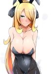  1girl absurdres animal_ears arms_behind_back bare_shoulders black_legwear black_leotard blonde_hair blurry blush breasts bunny_ears bunny_girl bunnysuit cleavage commentary_request covered_navel depth_of_field fake_animal_ears hair_ornament hair_over_one_eye highres huge_breasts leotard looking_at_viewer megao_3rd pantyhose pokemon pokemon_(game) pokemon_dppt shirona_(pokemon) smile solo strapless strapless_leotard white_background yellow_eyes 