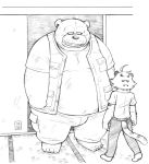  2019 anthro belly bottomwear clothing duo felid humanoid_hands male mammal overweight overweight_male pantherine pants shirt teeth tiger topwear ursid wantaro 