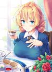  1girl akashio_(loli_ace) black_neckwear blonde_hair blue_eyes blue_shirt blush breast_rest breasts butter_knife chair commentary_request cup curtains darjeeling flower fork girls_und_panzer hand_on_own_chest highres holding holding_cup large_breasts long_hair long_sleeves looking_at_viewer necktie plate red_flower rose shirt sitting smile solo teacup undershirt wing_collar 