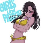  1girl bangs bare_arms bare_shoulders bikini black_hair breast_hold breasts brown_hair cleavage closed_mouth collarbone commentary_request copyright_name crossed_arms fingernails girls_und_panzer highres lips long_hair looking_at_viewer medium_breasts navel nishi_kinuyo parted_bangs shiny shiny_hair simple_background smile solo stomach swimsuit white_background yamashita_shun&#039;ya yellow_bikini 