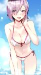  1girl bare_arms bare_shoulders bikini breasts cleavage collarbone commentary_request day eyebrows_visible_through_hair eyes_visible_through_hair fate/grand_order fate_(series) hair_over_one_eye highres ka1se1 large_breasts lavender_hair looking_at_viewer mash_kyrielight navel outdoors purple_eyes purple_hair short_hair side-tie_bikini solo swimsuit upper_teeth white_bikini 