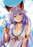  1girl animal_ears bare_shoulders blue_sky breasts cat_ears cleavage cloud cloudy_sky commentary_request covered_navel erune eyebrows_visible_through_hair frills granblue_fantasy hair_between_eyes hair_tubes heles highres holding holding_drink lavender_hair long_hair looking_at_viewer one-piece_swimsuit open_mouth outdoors pinky_out shiny sky smile solo sparkle swimsuit umou_(user_xxhp7583) upper_body white_swimsuit yellow_eyes 