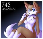  anthro anthrofied blue_eyes breasts brown_fur canid cheek_tuft chest_tuft countershading digital_media_(artwork) featureless_breasts female fur hi_res inget lycanroc mammal midday_lycanroc navel nintendo nude pok&eacute;mon pok&eacute;mon_(species) pok&eacute;morph simple_background sitting solo tuft video_games white_fur 