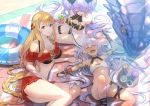  &gt;_&lt; 3girls :d bangs bare_shoulders beach blanket blonde_hair blush braid breasts character_request cleavage closed_eyes collarbone commentary_request day dragon drinking drinking_straw eyebrows_visible_through_hair fang gloves granblue_fantasy hair_between_eyes hair_spread_out highres ice ice_cube innertube kakage large_breasts lavender_hair leg_garter leg_strap long_hair looking_at_viewer lying medium_breasts multiple_girls nose_blush on_back open_mouth outdoors partly_fingerless_gloves pointy_ears purple_eyes red_skirt shade sitting skirt small_breasts smile snake_hair thigh_strap tray twintails very_long_hair x_x yokozuwari 