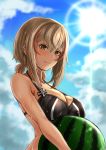  1girl azur_lane ball bangs bare_shoulders beachball bikini black_bikini blonde_hair blue_sky blurry blurry_background blush breasts brown_eyes chushou_wang cloud dya eyebrows_visible_through_hair hair_between_eyes highres holding holding_ball iron_cross large_breasts looking_at_viewer low_twintails multicolored_hair outdoors red_hair roon_(azur_lane) short_hair sky smile solo streaked_hair sunlight swimsuit twintails wet 
