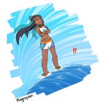  armlet belly_chain dark_skin earrings gloves gym_leader hair_bun hoop_earrings jewelry multicolored_hair necklace pokemon pokemon_(game) pokemon_swsh rurina_(pokemon) single_glove sportswear swimsuit tankini thegreyzen two-tone_hair water 