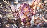  1girl :d animal_ears bangs bare_shoulders black_footwear blush brown_eyes bunny_ears character_request commentary_request dress dutch_angle eyebrows_visible_through_hair feathers hair_between_eyes headgear leaning_forward liiko long_hair official_art open_mouth outstretched_arm purple_dress purple_hair robot shadowverse shoes sleeveless sleeveless_dress smile solo standing standing_on_one_leg thighhighs very_long_hair watermark white_feathers white_legwear 