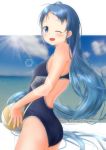  1girl artist_name bangs blue_eyes blue_hair blue_swimsuit blush cloud cloudy_sky commentary_request competition_swimsuit floating_hair kantai_collection light_rays long_hair looking_at_viewer looking_to_the_side mae_(maesanpicture) ocean one-piece_swimsuit one_eye_closed open_mouth samidare_(kantai_collection) sky solo sun sunbeam sunlight swept_bangs swimsuit very_long_hair volleyball 