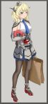  1girl absurdres bag black_border black_gloves black_legwear blonde_hair blue_eyes blue_neckwear border breasts capelet chinese_commentary colorado_(kantai_collection) commentary_request d7zombie dress elbow_gloves enemy_lifebuoy_(kantai_collection) garrison_cap gloves grey_background grey_dress grey_headwear hat headgear high_heels highres kantai_collection large_breasts necktie pantyhose pleated_dress rudder_footwear shirt shopping_bag short_hair side_braids sideboob sleeveless solo white_shirt 