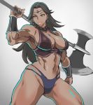  1girl abs amazon axe battle_axe biceps breasts brown_eyes brown_hair circlet cleavage closed_mouth dark_skin goblin_slayer! highres holding holding_axe holding_weapon large_breasts long_hair muscle muscular_female navel over_shoulder shibusun smile solo thick_thighs thighs warrior weapon 
