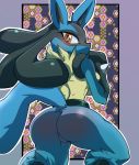  2019 absurd_res alesarox amber_eyes anthro anus black_fur blue_fur blush breasts butt butt_blush canid canine clitoris female fur hi_res looking_at_viewer looking_back lucario mammal multicolored_fur neck_tuft nintendo nude pok&eacute;mon pok&eacute;mon_(species) pussy side_boob solo spikes tuft video_games yellow_fur 