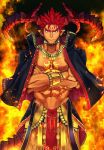  1boy abs adonis_belt bara black_jacket bracer chest_tattoo collarbone crossed_arms dark_skin dark_skinned_male facial_mark fire forehead_mark highres horns ifrit_(tokyo_houkago_summoners) izukonohito jacket jacket_on_shoulders looking_at_viewer muscle navel orange_eyes pointy_ears red_hair solo spiked_hair standing tail tattoo tokyo_houkago_summoners 